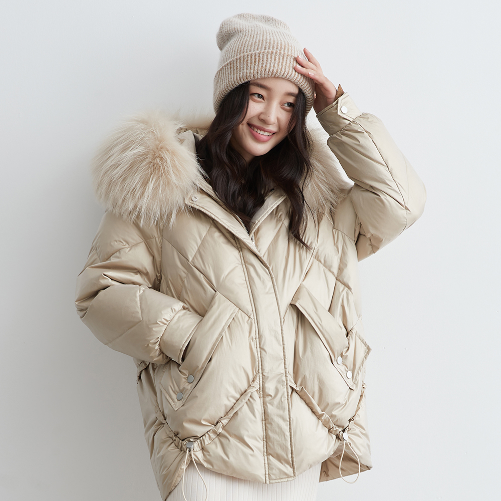 YAYA Winter Warm Big Pocket 90% White Duck Down Jacket with Irregular Hem Women Real Fur Collar Hooded Thicken Gold Black Coat 201019