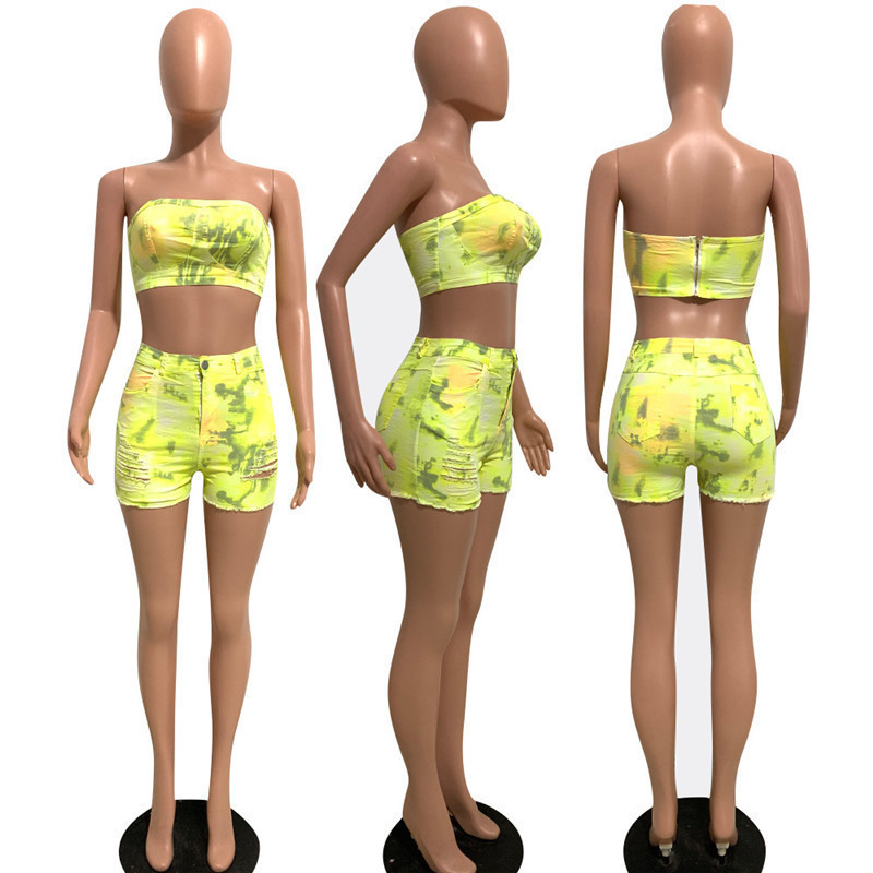 Sexy Tie Dye Denim Two Piece Set Women Strapless Tops and Hole Jeans Shorts Female Summer Matching Set Outfits Clubwear Female T200325