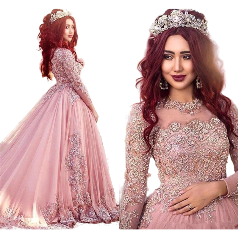 2022 Elegant Dusty Pink Muslim Prom Dresses Ball Gown Long Sleeves Tulle Lace Beaded Islamic Dubai Saudi Arabic Formal Evening Gowns Sweep Train