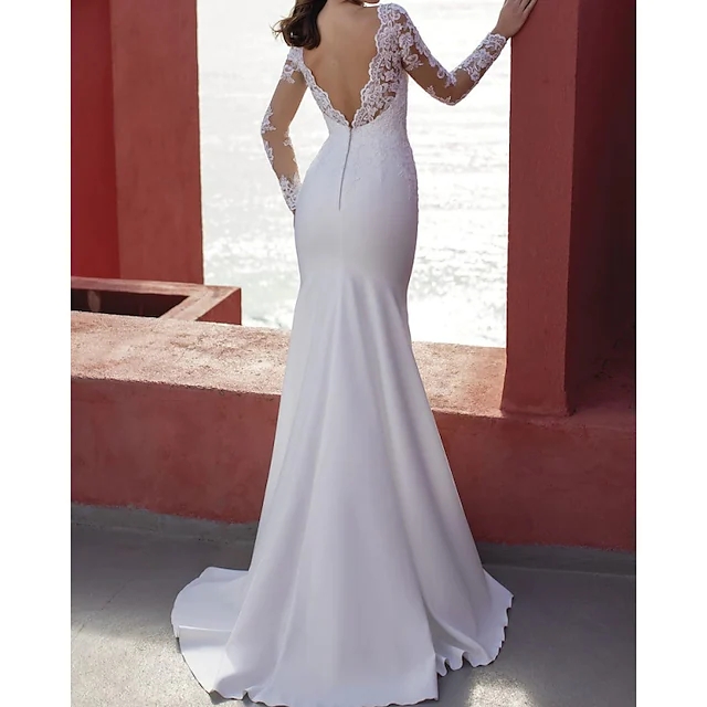 2022 Bridal Gown Trumpet Wedding Dress Jewel Neck Floor Length Lace Stretch Satin Long Sleeve Country Simple Appliques Vestido De Noiva Robe De Mariag