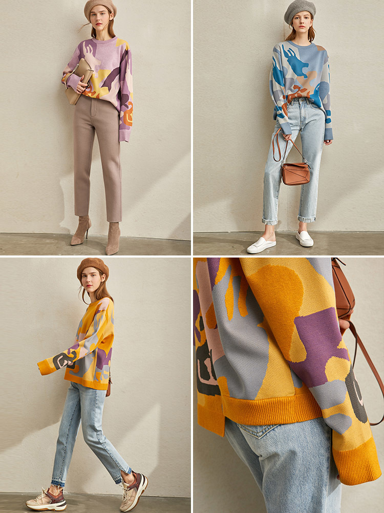 Amii spring lazy style loose sweater women new contrasting, round-collar base-wool sweater pullover tops 11970381 201111wtt