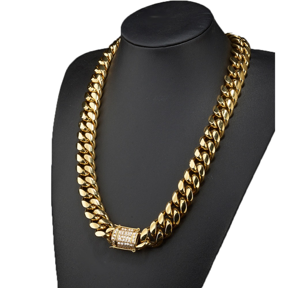 618mm Wide Stainless Steel Cuban Miami Chains Necklaces CZ Zircon Box Lock Big Heavy Gold Chain HipHop jewelry