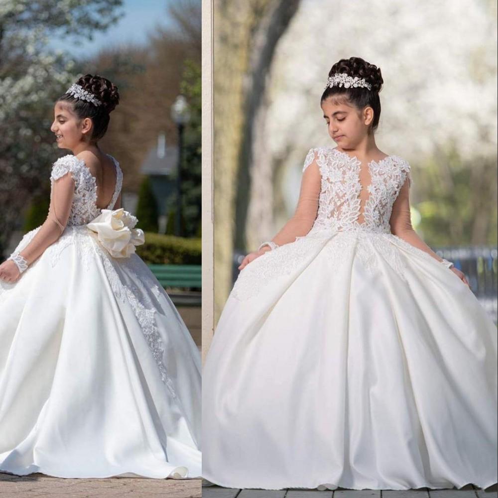 2022 Lovely Flower Girls Dresses For Wedding Party Princess Jewel Neck Long Sleeves Lace Appliques Beads Big Floral Back Little Girl Toddler Kids Holy