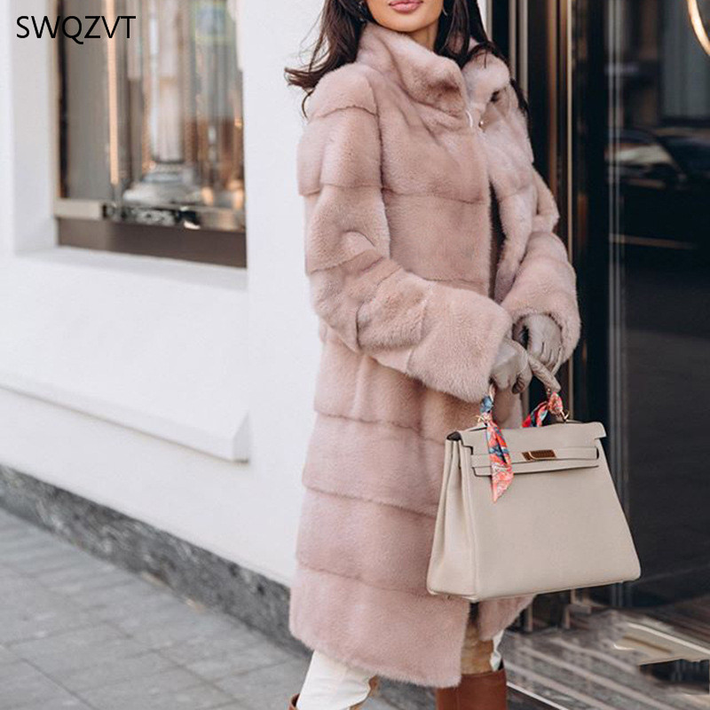 SWQZVT Warm Solid Color Women Parkas Fashion Long-Sleeved Stand Collar Fur Stitching Long Ladies Coat Winter Jacket 201125