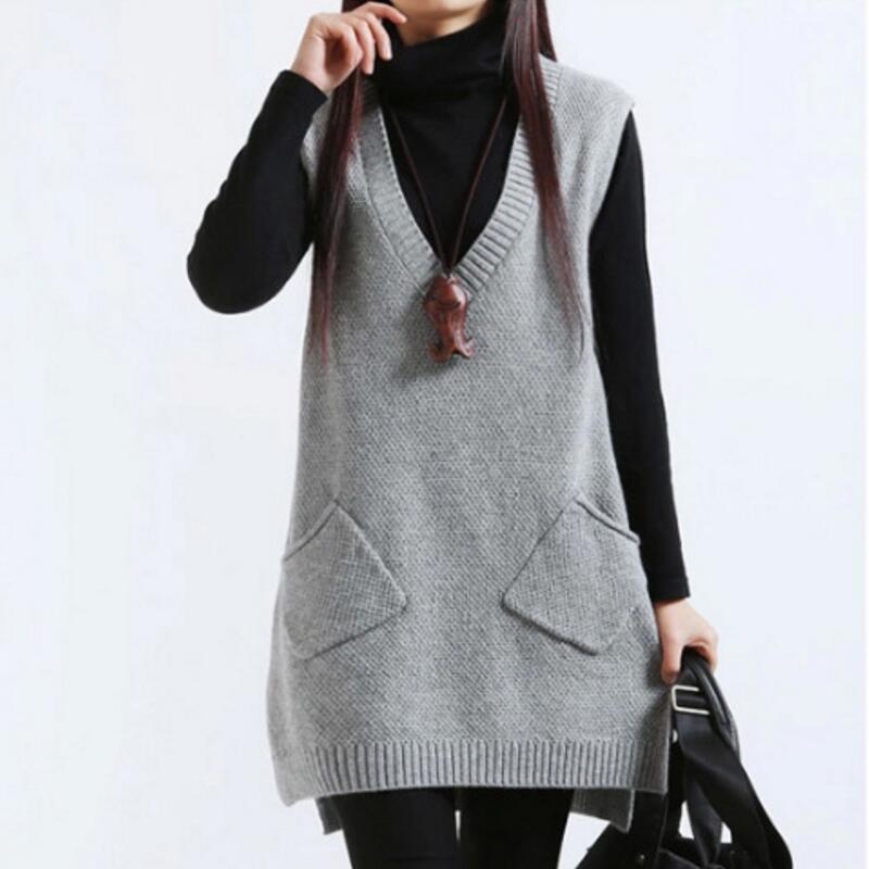 Women Sweater Spring Autumn New Korean Women's Vneck Knit Long Ashaped Pocket Vest Pullover Sleeveless 200924