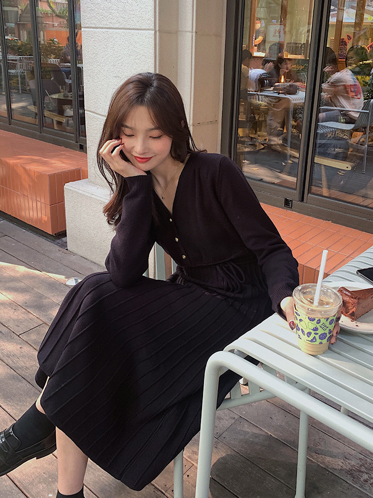 Midi Sweater Dress Women Casual Long Sleeve V-neck Elegant Office Knitted Dress Female One-piece Dress Korean Autumn Winter 201110