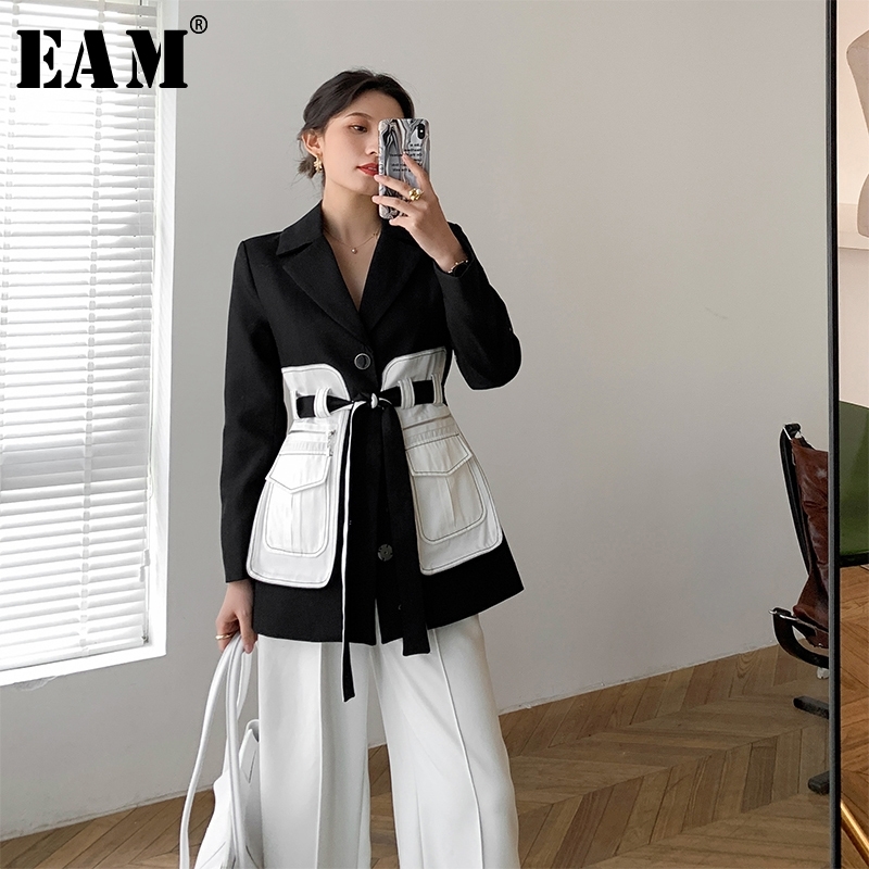 [EAM] Women Black Pocket Split Joint Blazer New Lapel Long Sleeve Loose Fit Jacket Fashion Tide Spring Autumn 1X582 201201