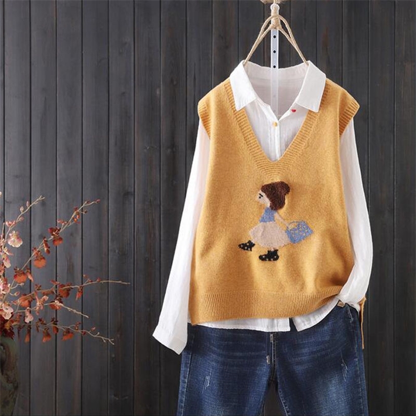 Loose V-neck Knitted Sweater Vest Female Cartoon Embroidery Pattern Sleeveless Simple Commuter Fashion Sweater Vest Women Spring 201221