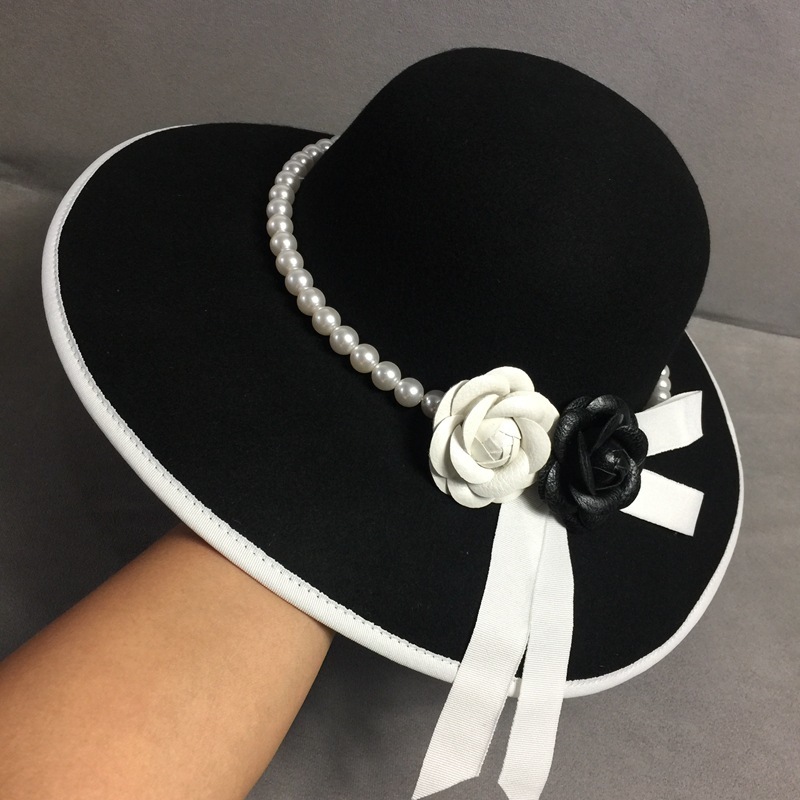 Formal Wide Brim White Black Flower Fedora Hat Pearls Band 100% Wool Felt Floppy Ladies Wedding Church Hat Porkpie Trilby Hat 201102