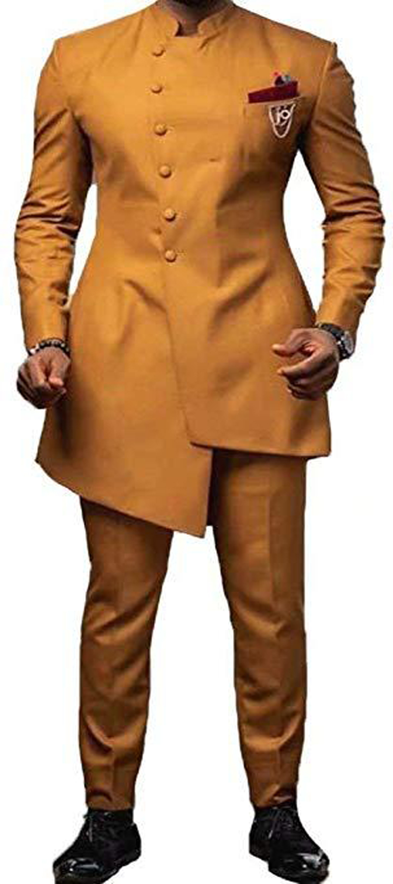 Gold Stand Collar Mens Suits Serge Wedding Groom Suits terno masculino Prom Suits Slim Fit Two Pieces Jacket+Pant High Quality