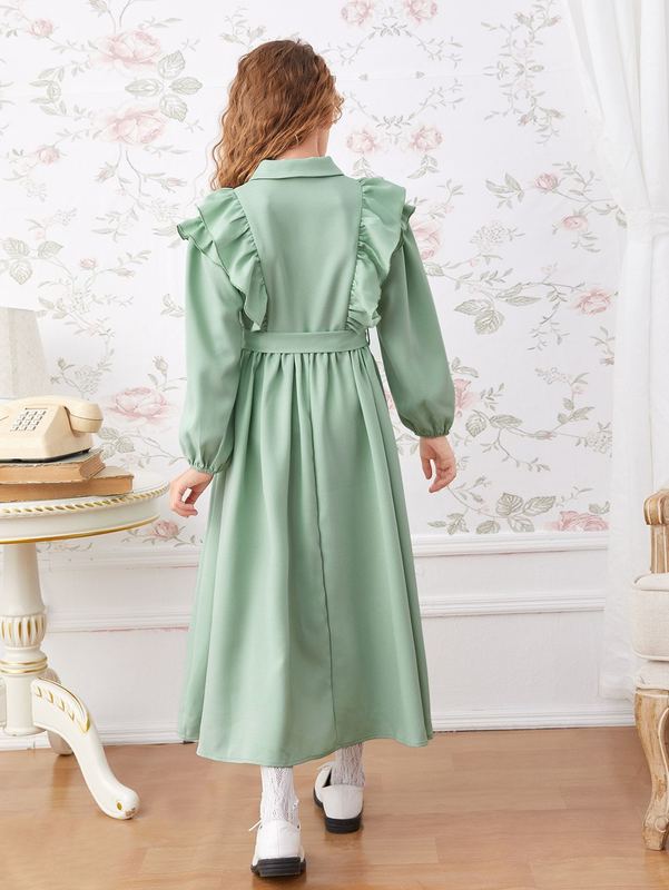 Girls Bishop Sleeve Ruffle Trim Belted Dress SHE