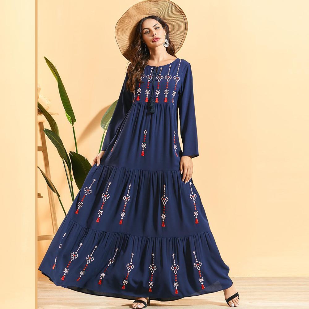 Siskakia Pleated Embroidered Bohemian long dress Fashion Arab Muslim Women's Maxi Robe Dress Long Sleeve Swing Ethnic Clothing T200601