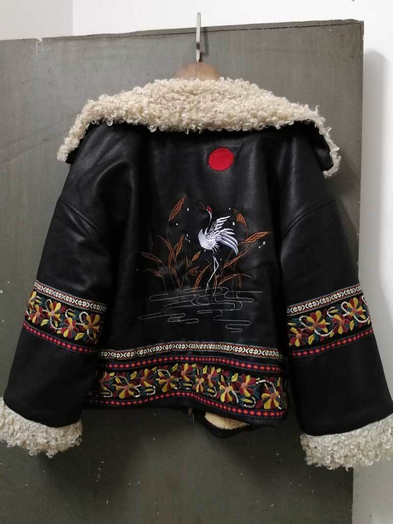 Boho Inspired Lamb Hair floral Embroidered Suede Jacket for women long sleeve boho women jacket coat winter coat warm 201023