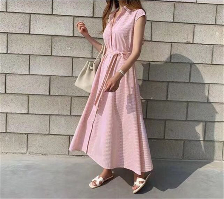 Colorfaith New Women Summer Shirt Dress 3 Colors Casual Sleeveless Striped Loose Lace Up Cotton and Linen Long Dress DR6970 T200603