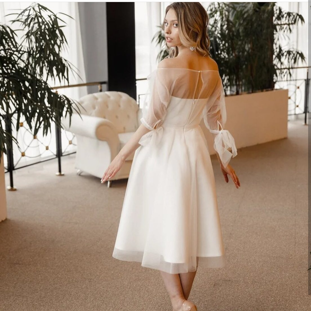 Simple Short A Line Wedding Dresses Bridal Gowns 2023 1/2 Long Sleeve Tea Length Outdoor Boho Beach Bride Dress Robe De Marie