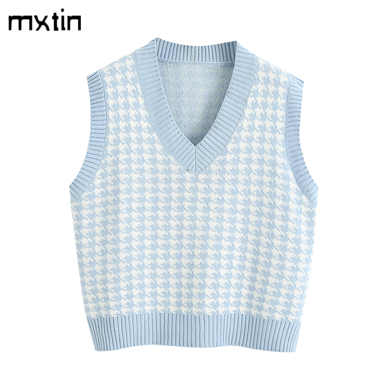 women fashion oversized knitted vest sweater V neck sleeveless houndstooth loose female waistcoat chic tops 201030
