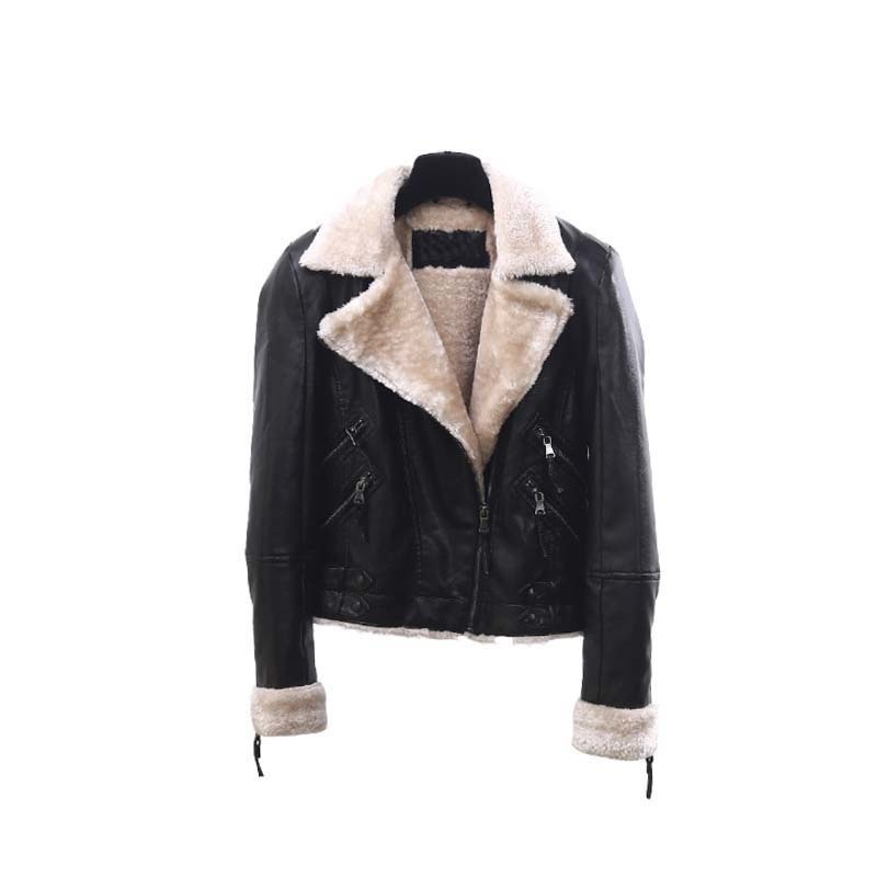 Fall Winter Cropped Sherpa Faux Leather Biker Jacket for Women Faux Fur Lined Punk Rock Ladies Black PU Leather Jacket 201030