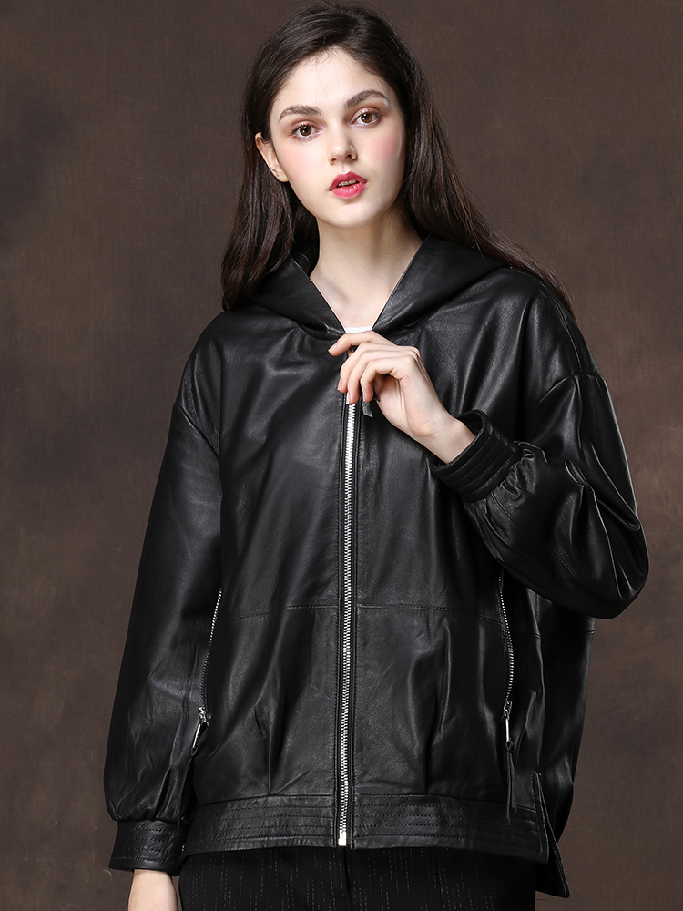 Nerazzurri Black oversized leather jacket women with hood long sleeve drop shoulder zipper plus size spring faux leather coat 201226