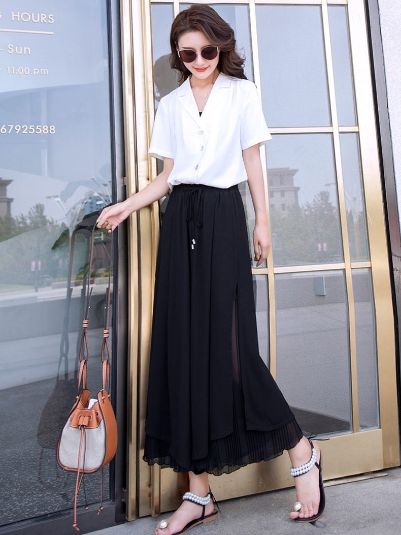 New Chiffon Slit Nine Wide Leg Pants Summer High Waist Drape Casual Loose Culottes Female Solid Loose Bohemia Skirt Pants 882F 201106