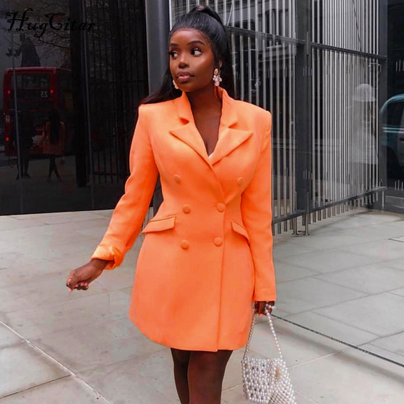 Hugcitar 2019 long sleeve slim blazer dress autumn winter women fashion pure orange streetwear outfits windbreak T200817