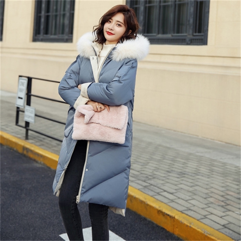 winter fashion hooded long solid color fur collar detachable cotton coat LJ201127