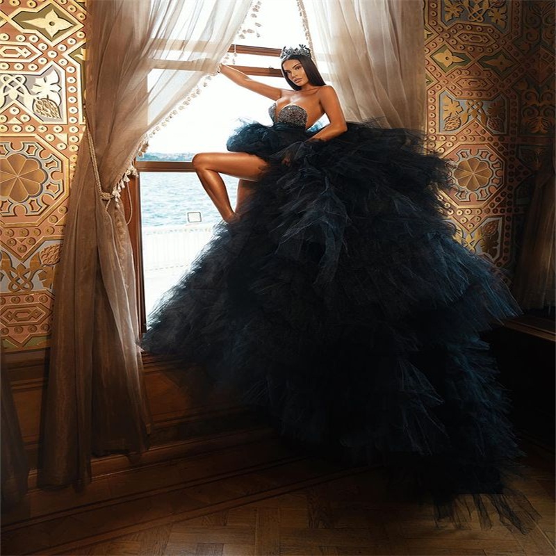 Luxury Black Mermaid Evening Dresses Sweetheart Crystal Ball Gown Party Dresses Custom Made Princess Sweep Train Prom Gowns