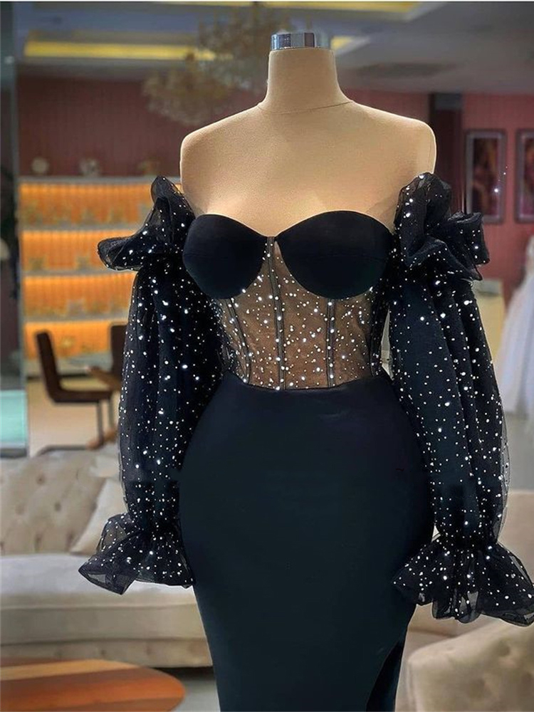 2022 Sparkly Black Sheath Formal Evening Dresses Illusion Corset Long Sleeve Night Prom Dress Sweetheart Off Shoulder Exposed Boning High Slit Pageant
