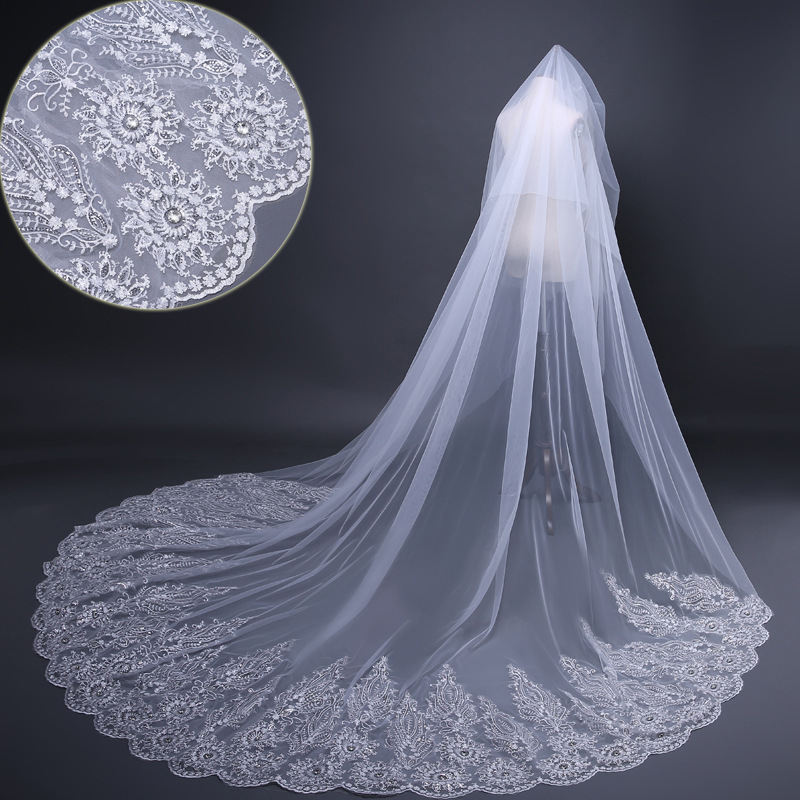 Cathedral Train White Long Wedding Veil 3*3.8m Bridal Veils Top Quality Wedding Accessories Floral Applique with Beads