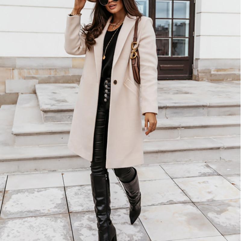 Women's Wool & Blends Winter Elegant Women Coat Light Tan Office Lady Overcoat Plus Size Long Sleeve Windproof Fashion Windbreaker 20211