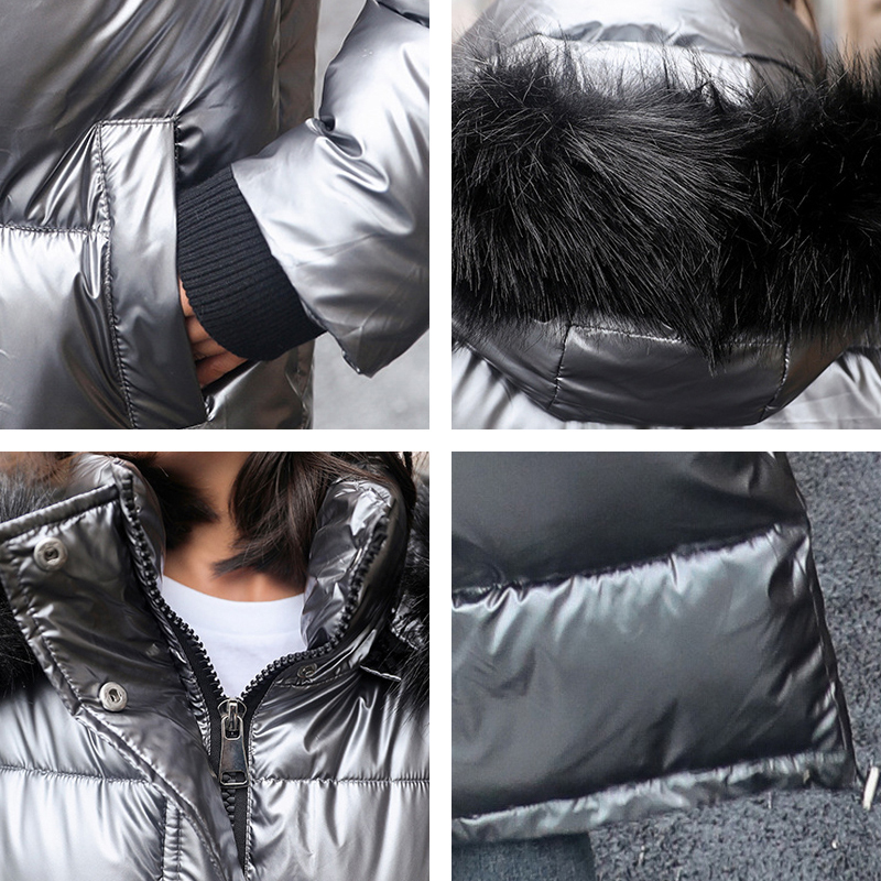 Women X-Long Plus Size Coat Parkas Female Winter Warm Thicke Hooded Fur Cotton Padded Coats Solid Casual Silver Down Jacket 201027