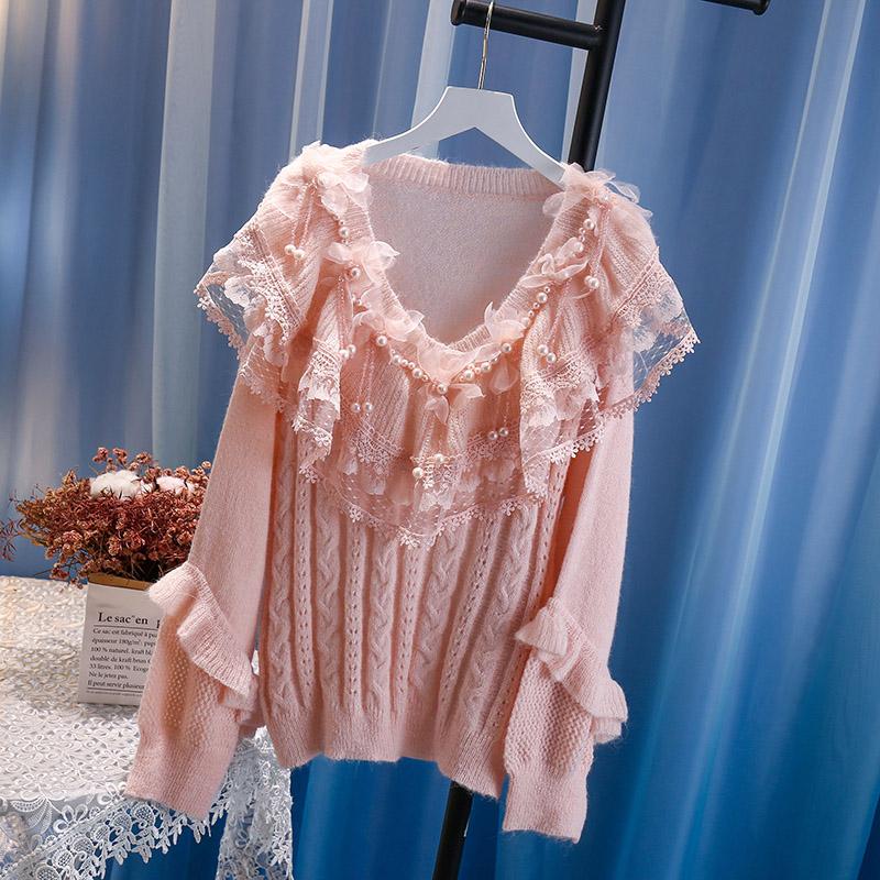 Japanese Kawaii Pink Girl Sweater Autumn New Style Lace Stitching Knit Sweater Design Sense Loose Thin Woman Sweaters
Japanese Kawaii Pink Girl Sweater Autumn New Style Lace Stitching Knit Sweater Design Sense Loose Thin Woman Sweaters