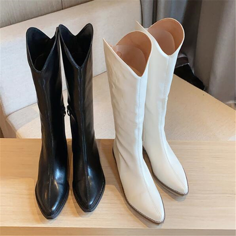 Hot Sale-Women's Pointed Toe Knee High Boots Autumn 2025 Fashion Solid Color PU Leather Boots Woman Square Heels Long Botas Mujer Black