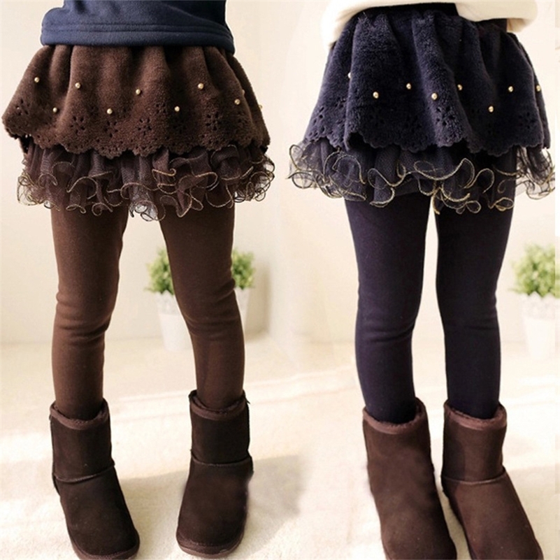 

New Winter Girls Thick Leggings Lace Skirt Legging For Kids Cotton Children Pants Baby Tutu Pants Toddler Warm Trousers LJ201019, Navy