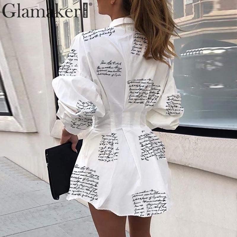 Glamaker Letter Print Sexy Mini Short Shirt Dress Women White Long Sleeve Party Club Summer Elegant Bodycon T200319 B4
