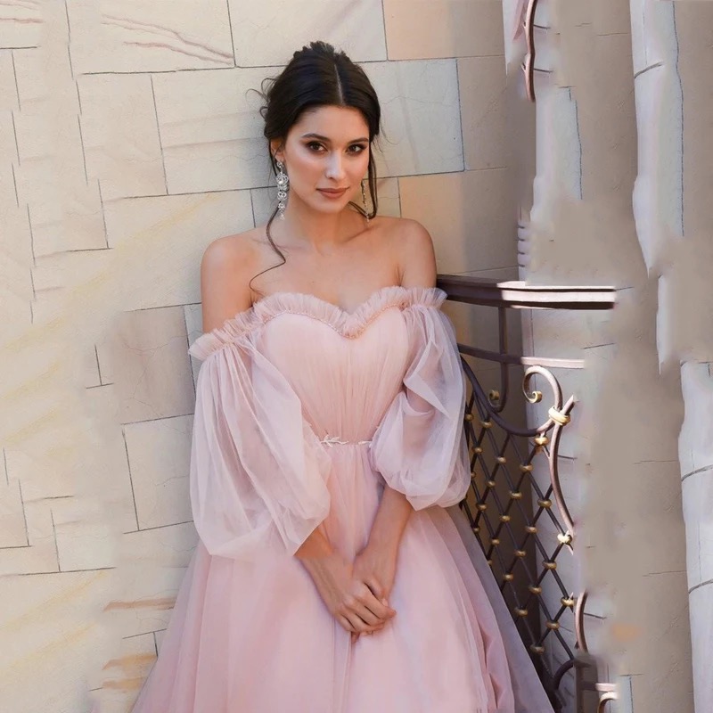 Sweety Pink Puffy Sleeve A Line Prom Dresses 2024 Sweetheart Appliques Pleat Ruched Floor Length Elegant Formal Party Evening Gowns Off Shoulder Engag