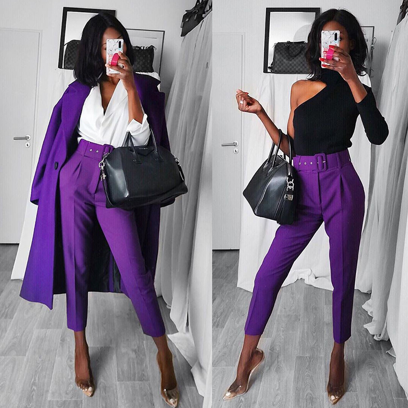 Aachoae Office Lady Black Suit Pants with Belt Women High Waist Solid Long Trousers Fashion Pockets Pants Trousers Pantalones 201113