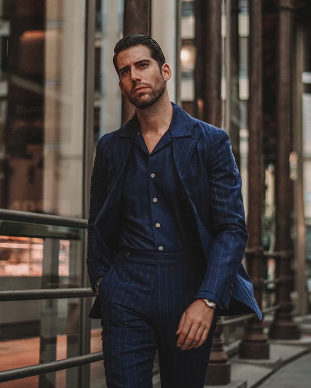 Navy Pinstripe Mens Suits Handsome Slim Fit Two Button Peaked Lapel Groom Best Men Prom Party Blazer Jacket(jacket+pants)