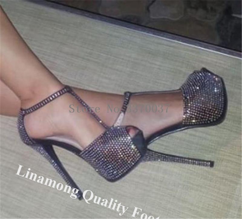 Dress Shoes Linamong Bling Rhinestone Peep Toe High Platform Stiletto Heel Pumps T-strap Crystal Heels Club Evening Shoes1