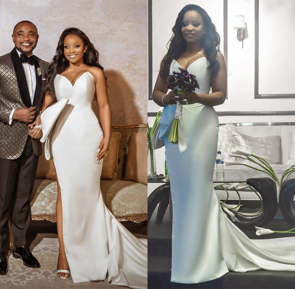 Modest Mermaid Dresses Satin Sweetheart Neckline Side Slit Big Bow Sweep Train Custom Made Wedding Gown Vestido De Novia