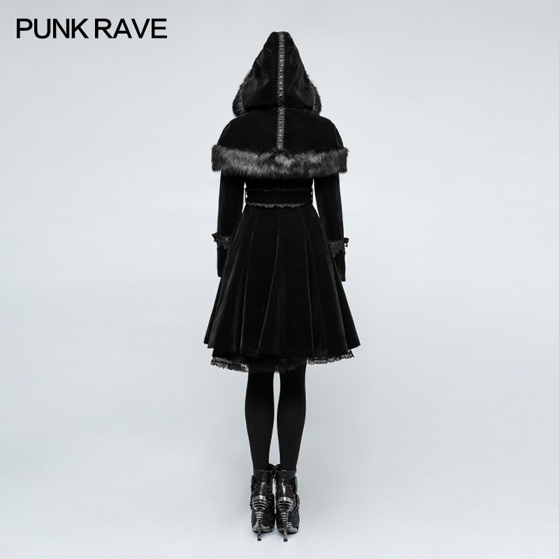 PUNK RAVE Fashion Gothic Lolita Women Jacket Winter Punk Gorgeous Christmas Long Coat Casual Hooded Witch Cosplay Long Jacket 201019