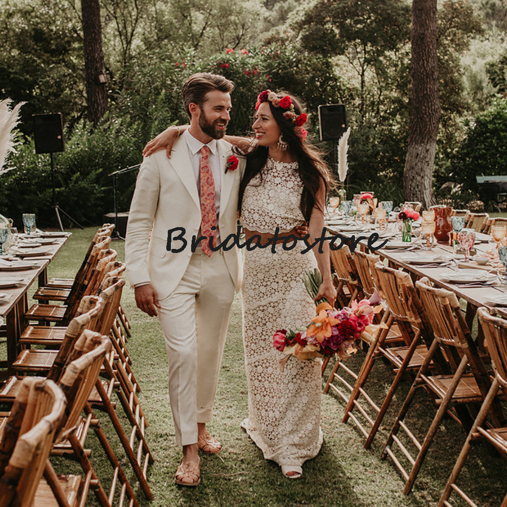 Rustic Lace Boho Wedding Dress 2022 Sexy Two Pieces Bohemian Bridal Dresses Backless Country Civil Bride Dress Robe De Mariée Charming Engagement Beac