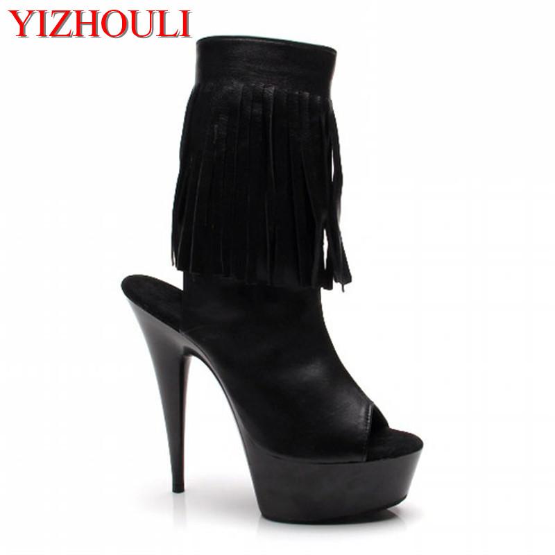 Sexy sexy fringe, hollowed-out cold boots 15cm high heels and club lapel Shoes 15cm, Black
Sexy sexy fringe, hollowed-out cold boots 15cm high heels and club lapel Shoes 15cm, Black
