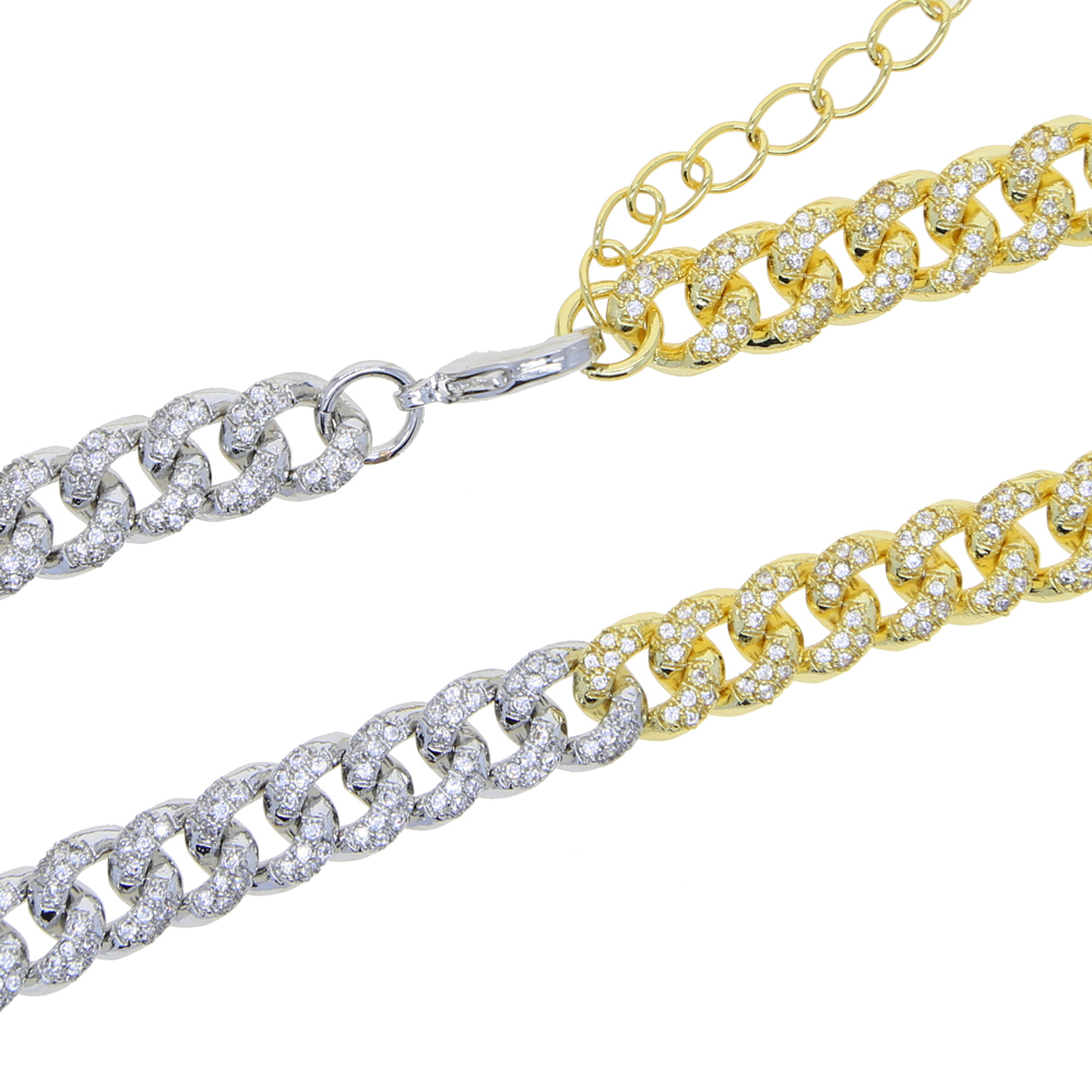 New Arrival Silver Gold Color Two Tone Cuban Chain Micro Pave 5A Clear CZ 7mm Width Miami Cuban Link Chain Choker Women Necklace
