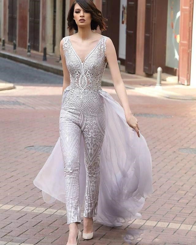 Full Lace Beach Bridal Jumpsuit with Train Sexy V-neck vestidos de novia 2022 boda civil verano Wedding Dress Pant Suit