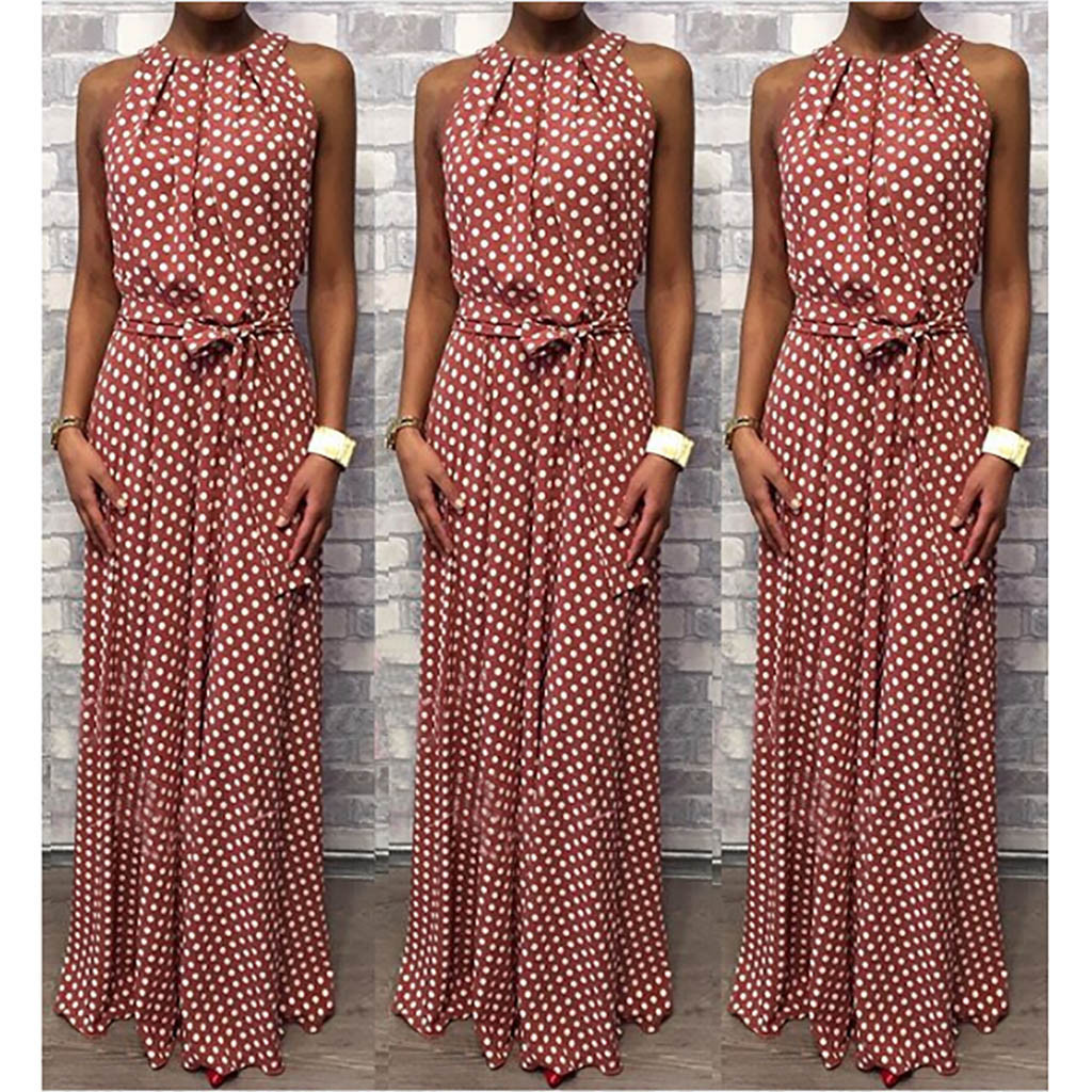 Polka Dot Printed Long Dress Ladies Sleeveless Back Collar Coffee Casual Dress Ladies Summer Beach Party Dress Summer Vestidos T200416