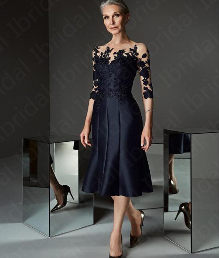 Gorgeous Black Knee Length Mother of the Bride Dresses 2024 Lace Applique Illusion Three Quarter Sleeves Wedding Guest Gowns robe de soiree