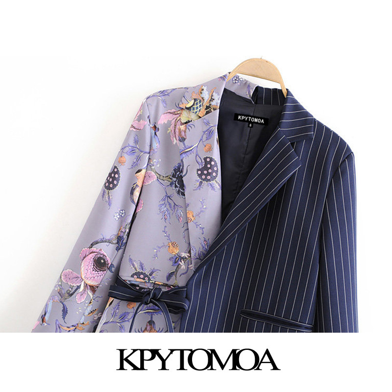 KPYTOMOA Women Fashion Office Wear Floral Print Patchwork Blazer Coat Vintage Pockets With Belt Female Outerwear Chic Tops 201106