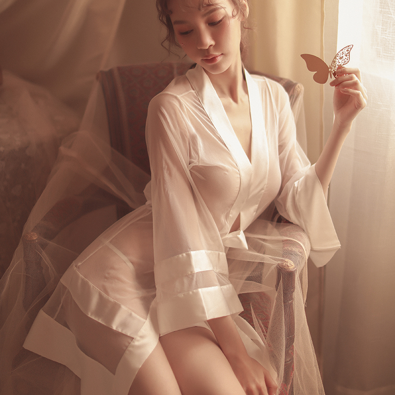 Sexy Bathrobe Temptation Transparent Mesh Gowns Sleepwear Woman Bridal Robes Long Sleeve Gauze Robe Dressing Gown 210203