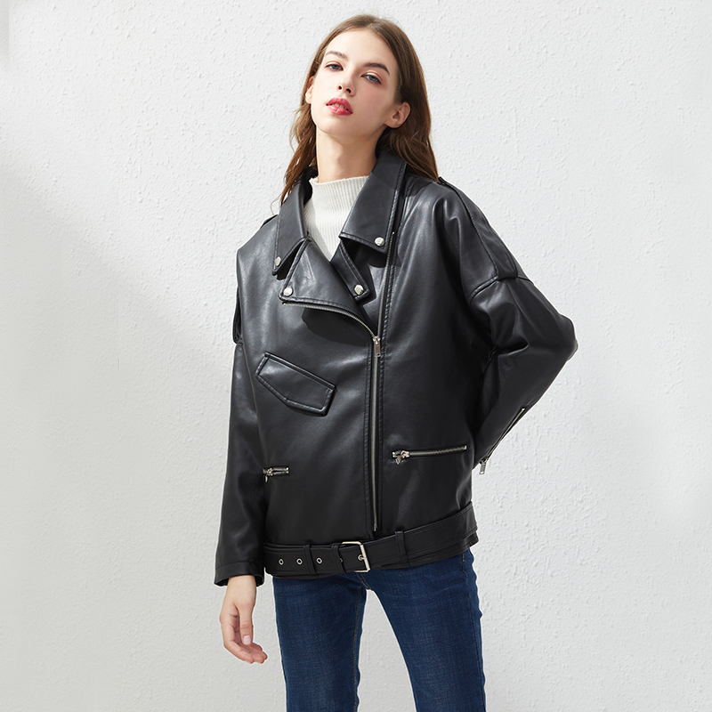 Fitaylor PU Faux Leather Jacket Women Loose Sashes Casual Biker Jackets Outwear Female Tops BF Style Black Leather Jacket Coat 201226