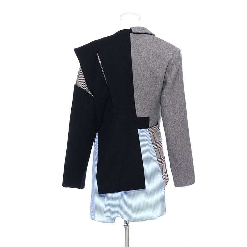 EAM Women Gray Plaid Striped Split Joint Blazer Lapel Long Sleeve Loose Fit Jacket Fashion Spring Autumn 1T134 201114
